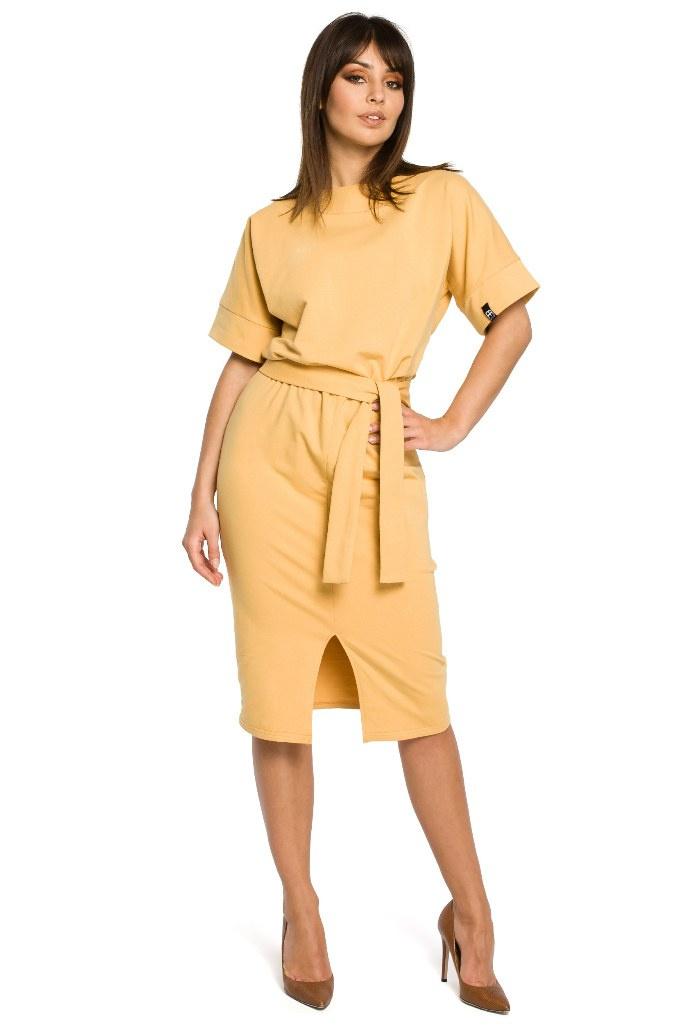 Sukienka midi - Wiązana w pasie - żółta